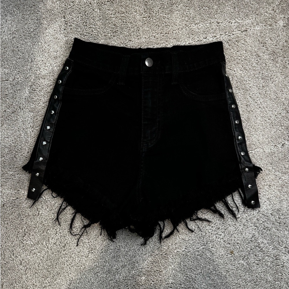 Fashion Nova black denim shorts with studs and fringe 🖤